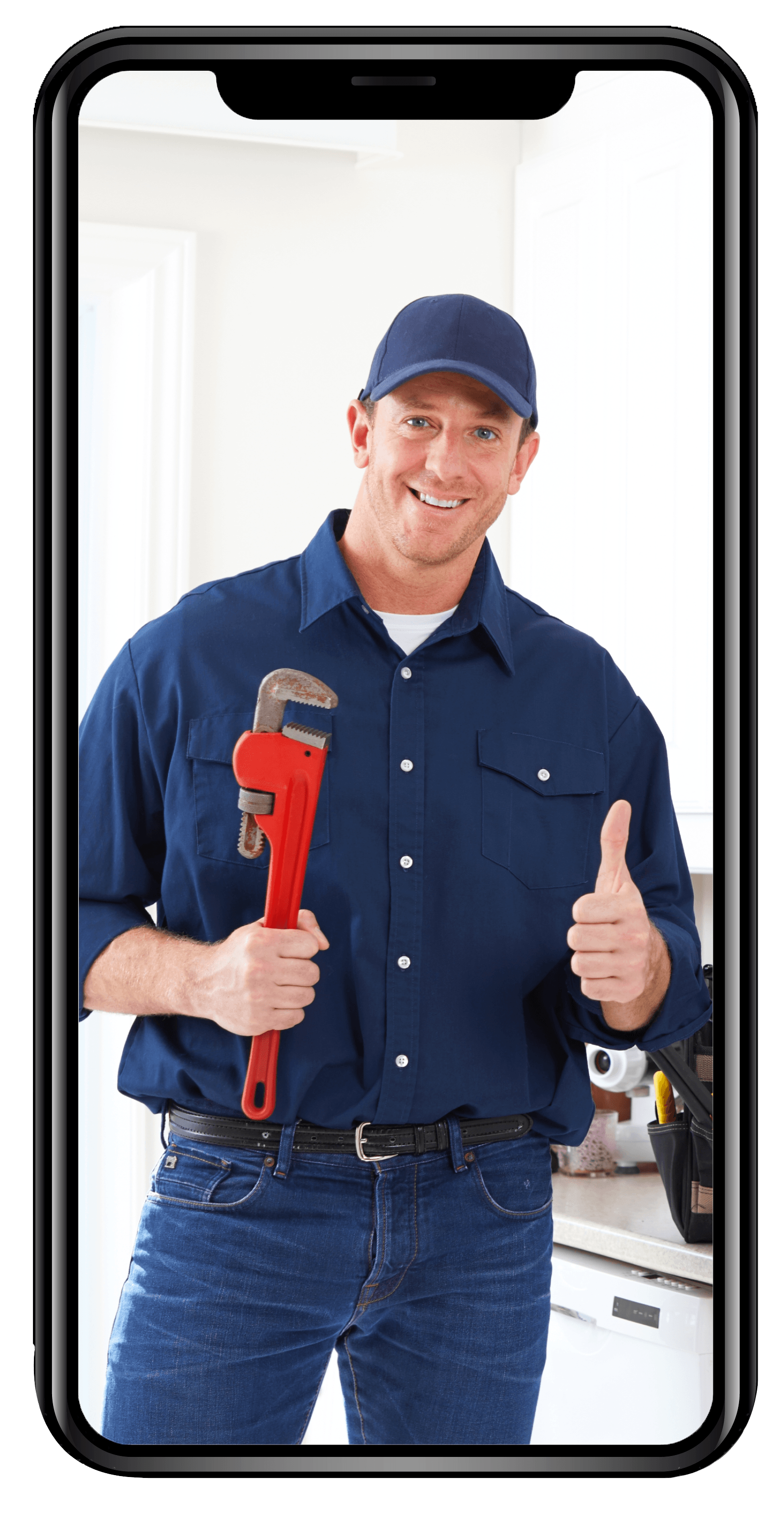 un plombier tient une clé et lève le pouce.