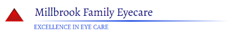 Logo for Millbrook Family Eyecare. Features a red triangle, text, and blue line. “Excellence in Eye Care” is below.