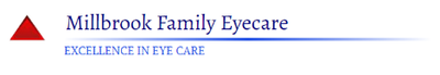 Logo for Millbrook Family Eyecare. Features a red triangle, text, and blue line. “Excellence in Eye Care” is below.