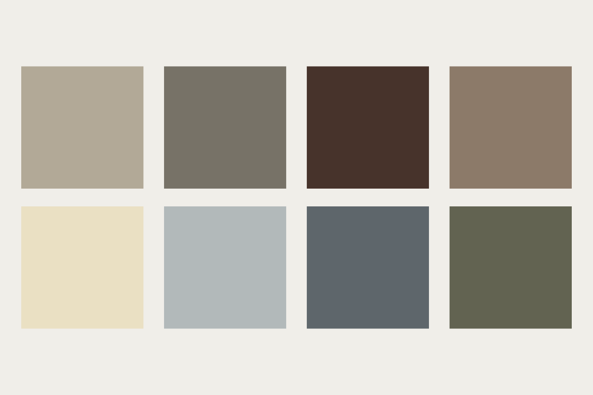 Drei Spalten mit Farbmustern in verschiedenen Braun- und Hellbrauntönen.