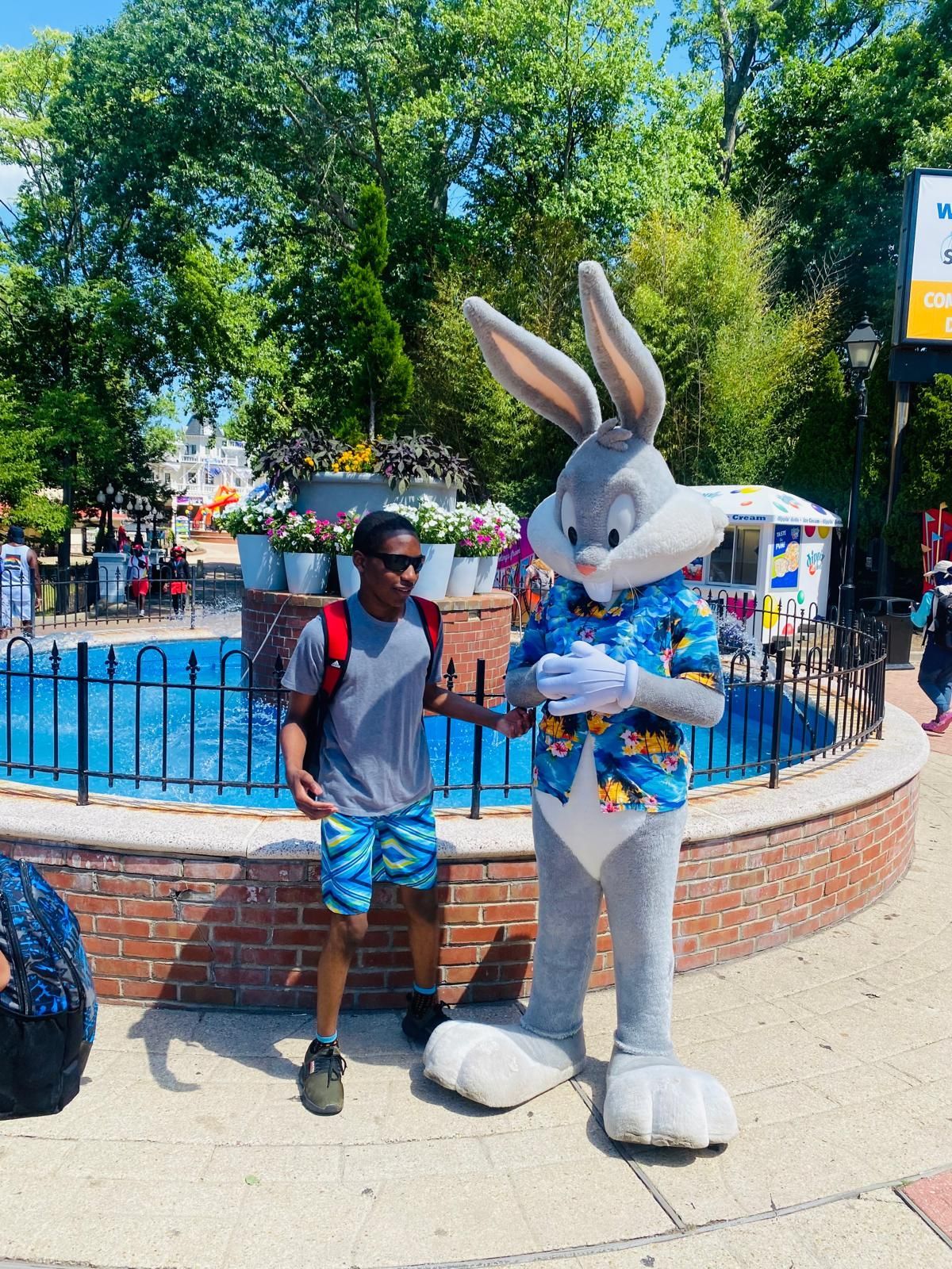 Man poses with Bugs Bunny character near a fountain at an amusement park.