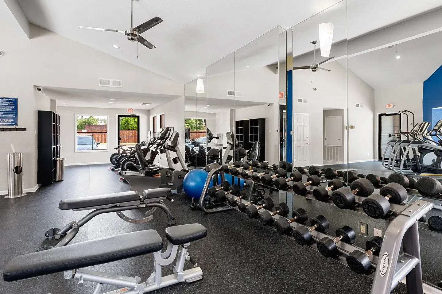 Interior of a fitness center featuring gym equipment