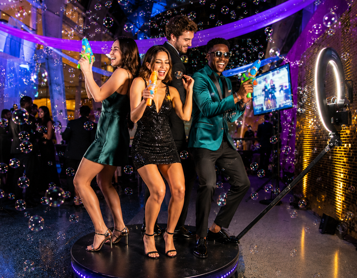 Guests enjoying a 360 video booth experience at a luxury celebration