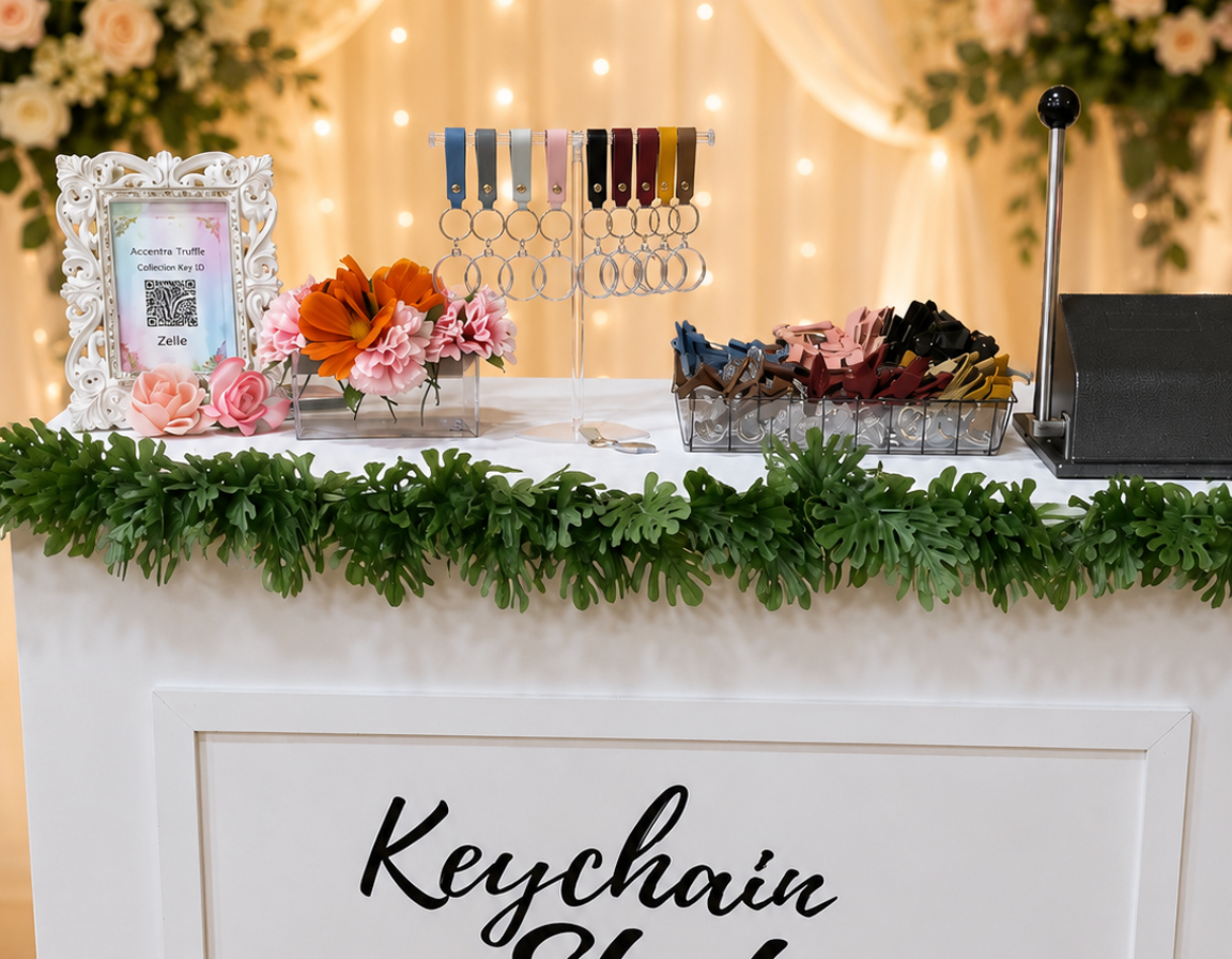 Personalized acrylic photo keychain keepsakes created at a wedding reception