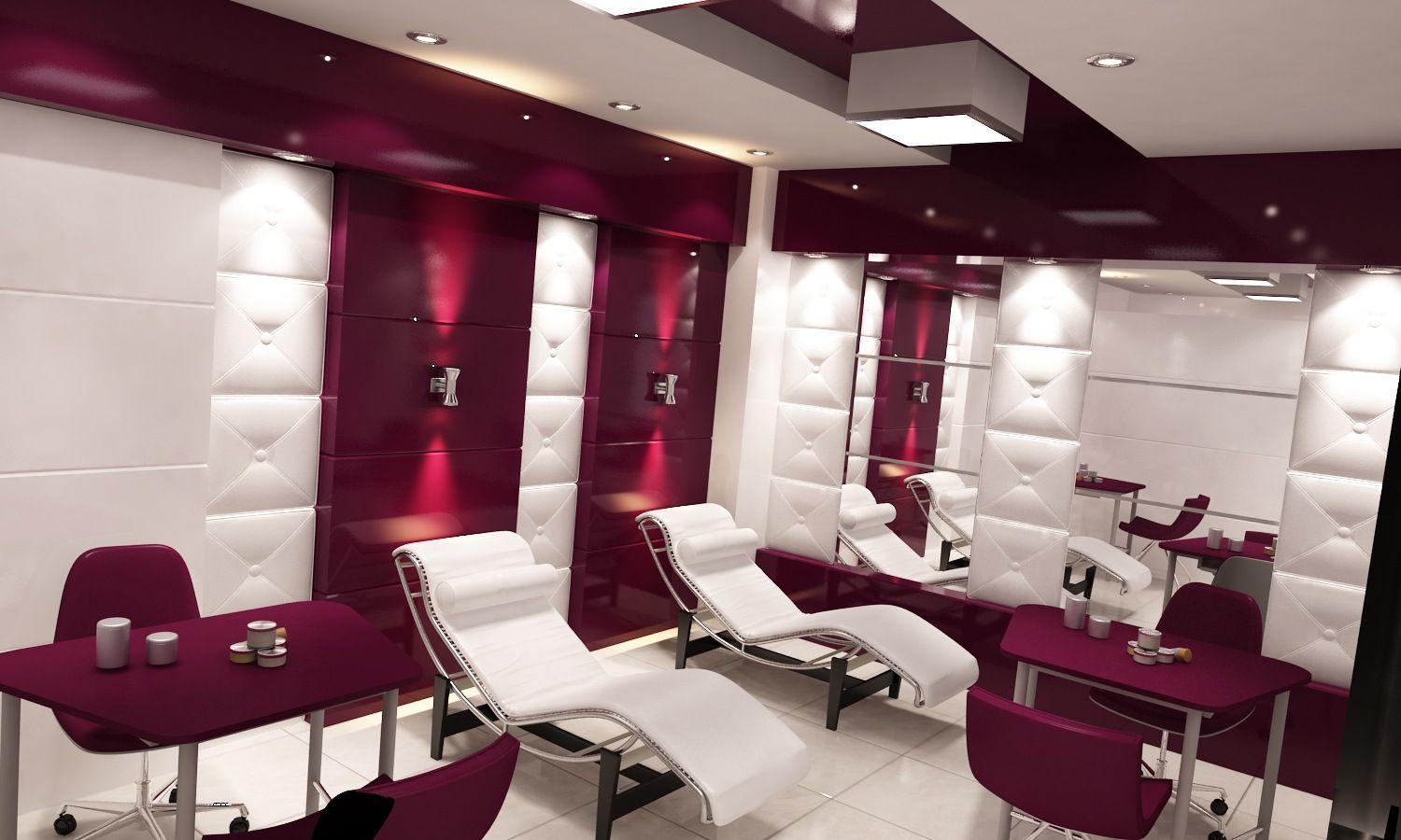 A room with a lot of chairs and a table for a  Spa room