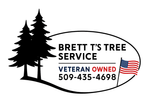 Logo for Brett T's Tree Service: Silhouette trees, text, phone number, U.S. flag, "Veteran Owned".