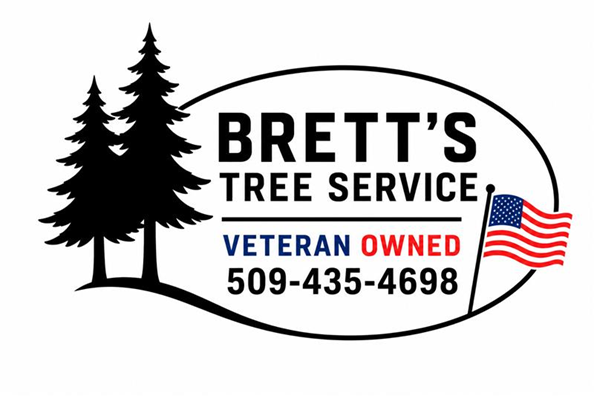 Brett&rsquo;s Tree Service logo with black pine trees, red-white-blue flag, and phone number 509-435-4698