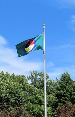 A flag is flying in the wind on a pole in front of trees.