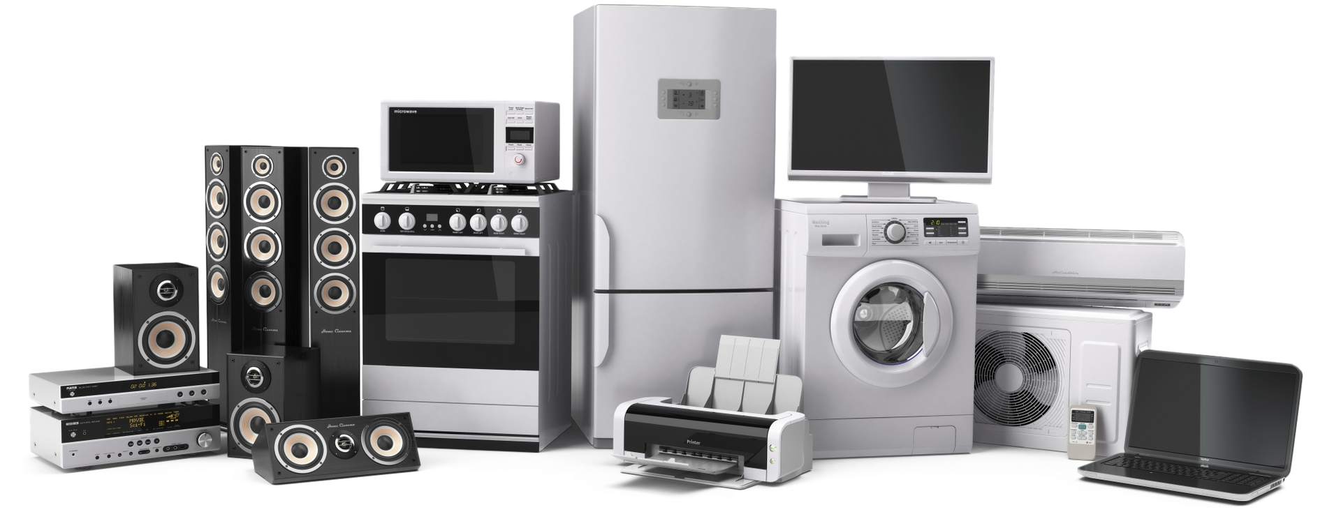 Assortment of household appliances including speakers, oven, refrigerator, TV, and laptop.