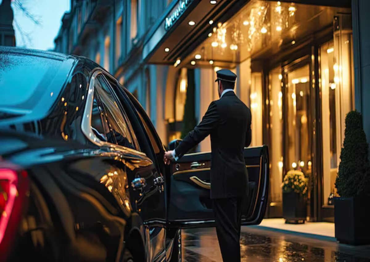 A limo driver waits outside a luxurious hotel