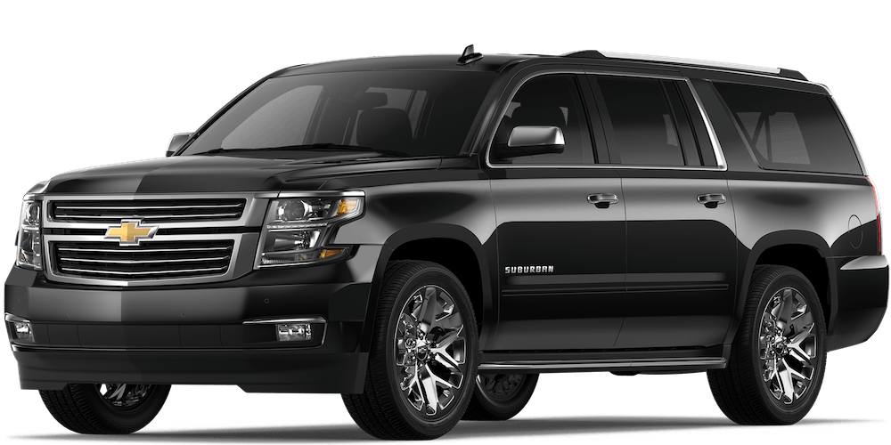 A black chevrolet suburban suv is parked on a white background.