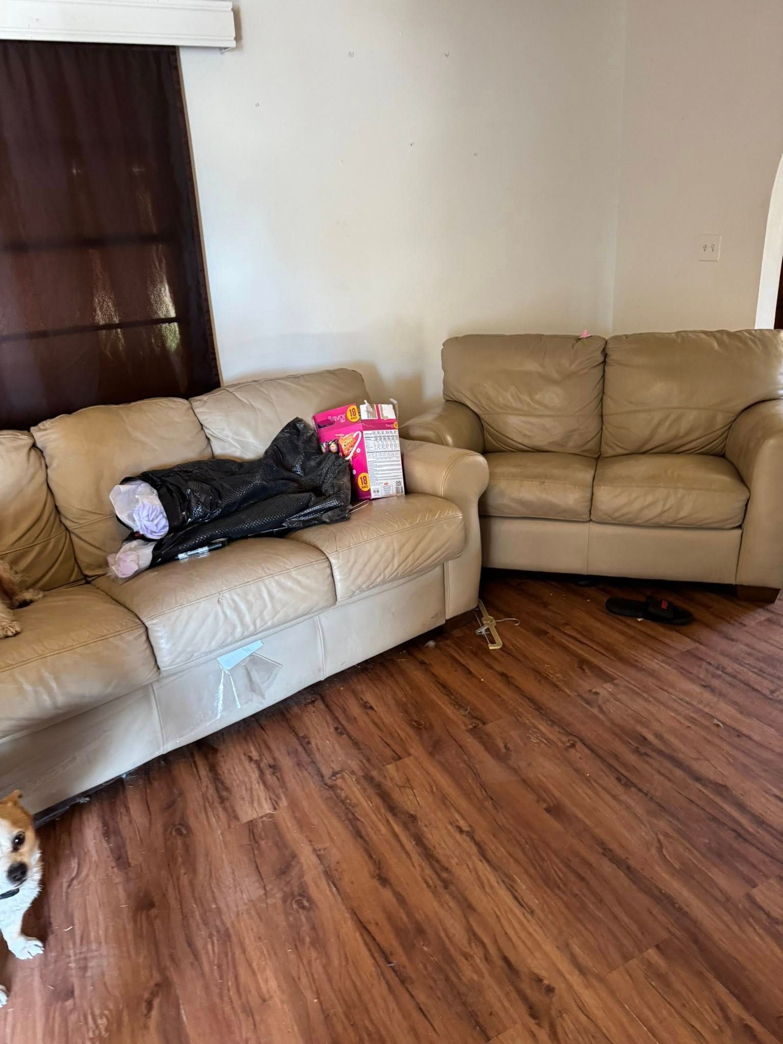 Two beige leather couches in a room with wood flooring. A dark window is visible.