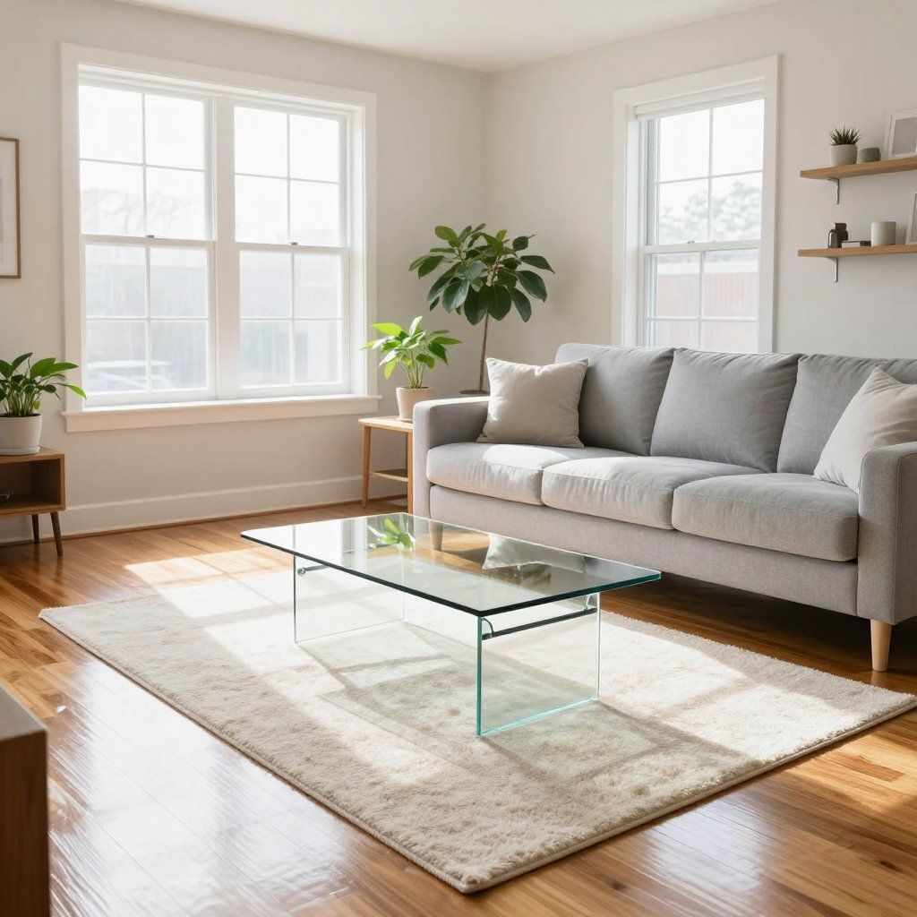 Living room with gray sofa, glass coffee table, and large windows. Hardwood floors and plants.
