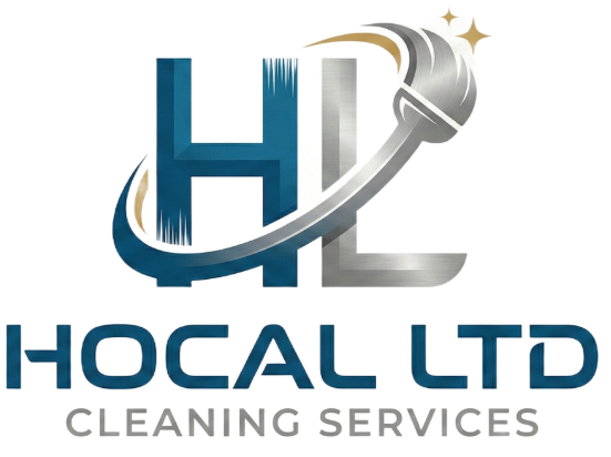 Logo for Hocal Ltd Cleaning Services: blue and silver brush sweeping through the letters HL. Text 