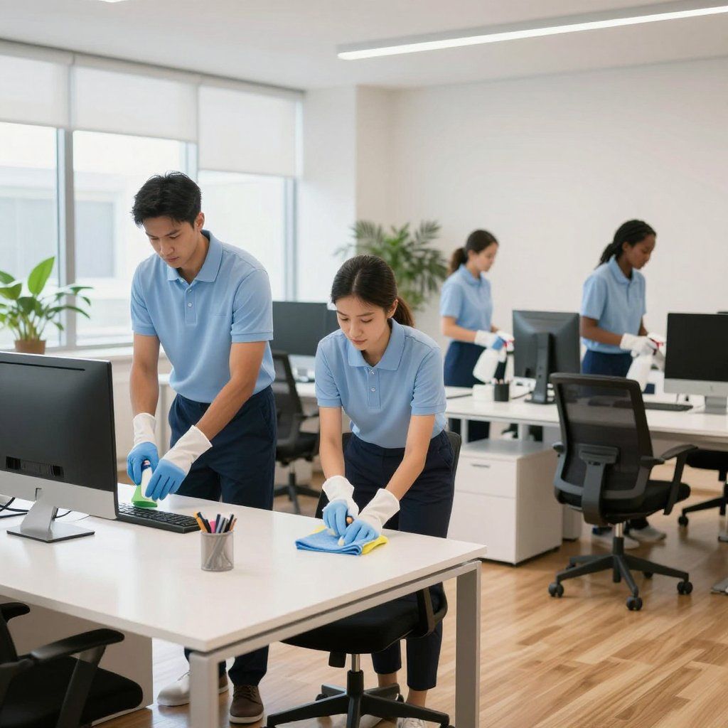 Office cleaning crew wiping down desks and computer screens.
