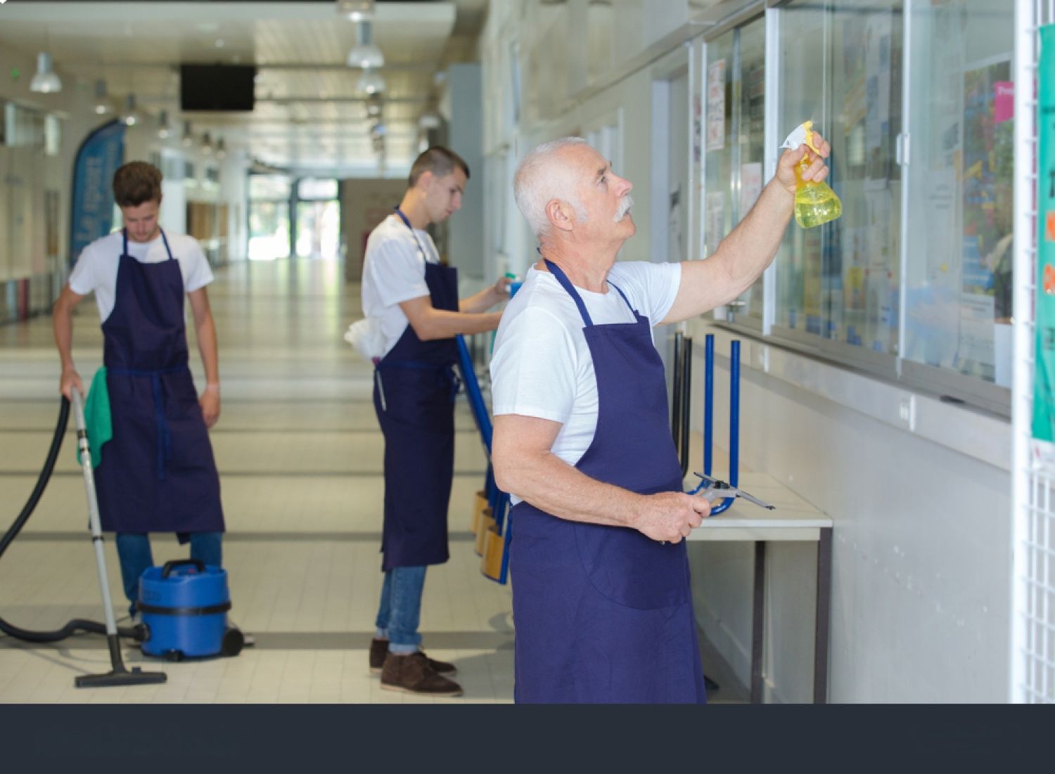 Three people cleaning a hallway: one vacuums, one sprays, and one wipes a window; all wear aprons.