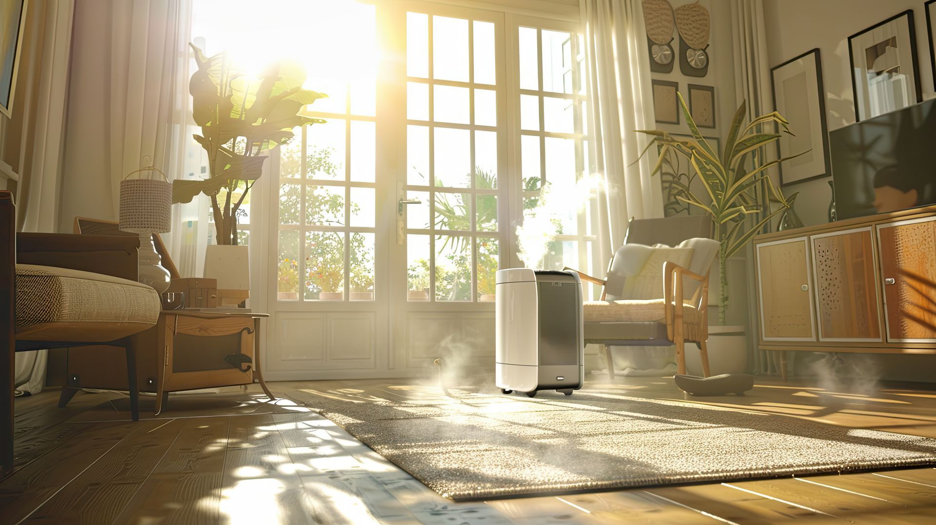 A living room with a humidifier in it and the sun shining through the windows.
