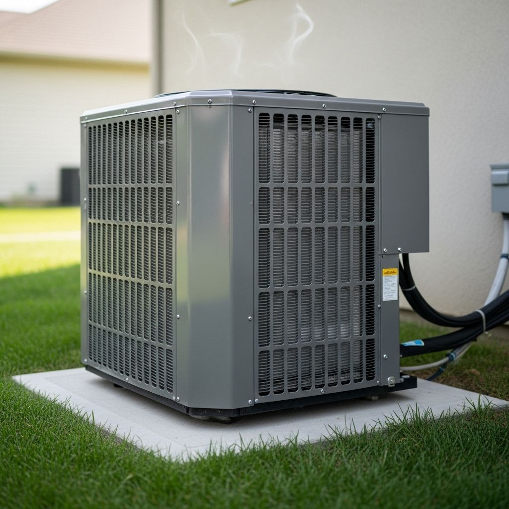 Gray air conditioner unit on concrete slab, grass lawn, steam rising.