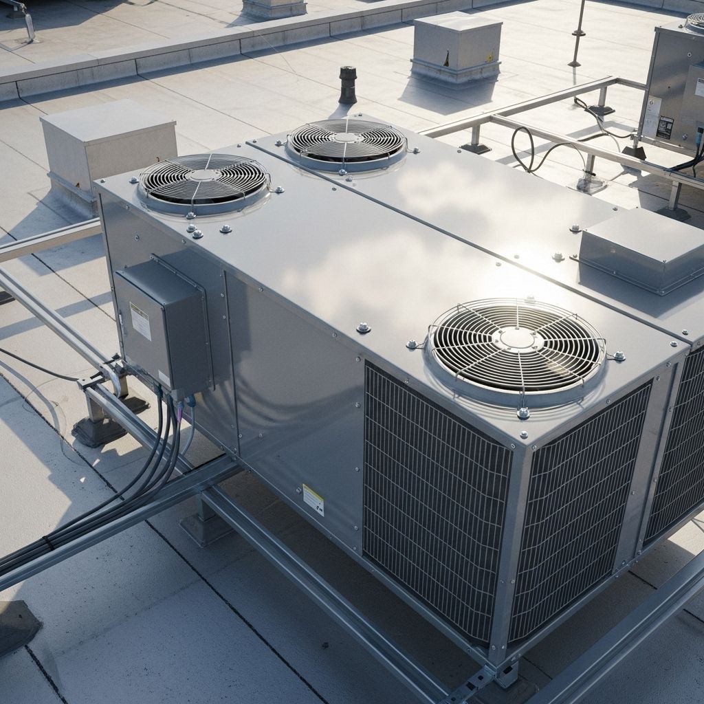 Gray HVAC rooftop unit with fans and vents on a flat roof.