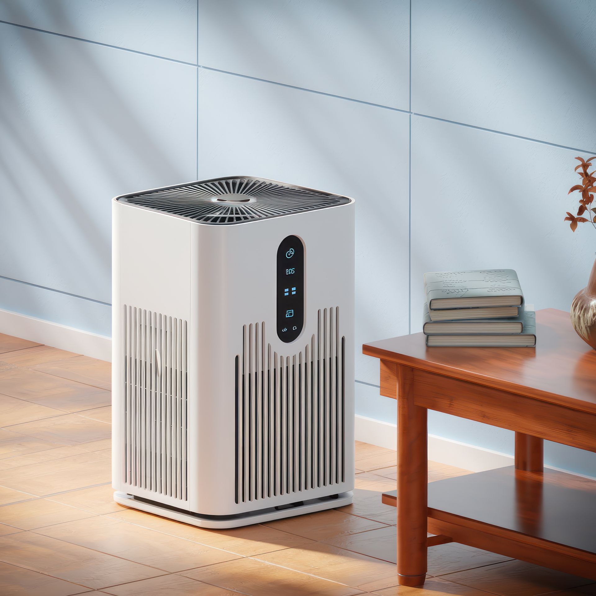 A white air purifier is sitting next to a wooden table in a living room.