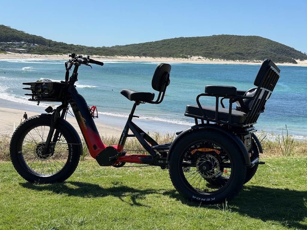 an Electric Tricycle With a Passenger Seat Parked on Grass Near a Beach — E-Go-Try-Bikes in Nelson Bay, NSW