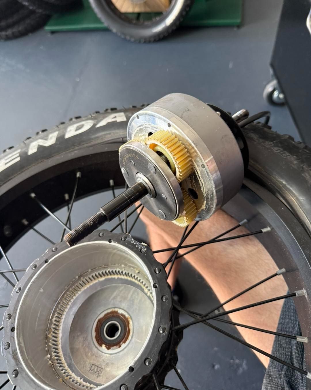 E-bike Motor Disassembled, Showing Gears and Wheel Components — E-Go-Try-Bikes in Nelson Bay, NSW