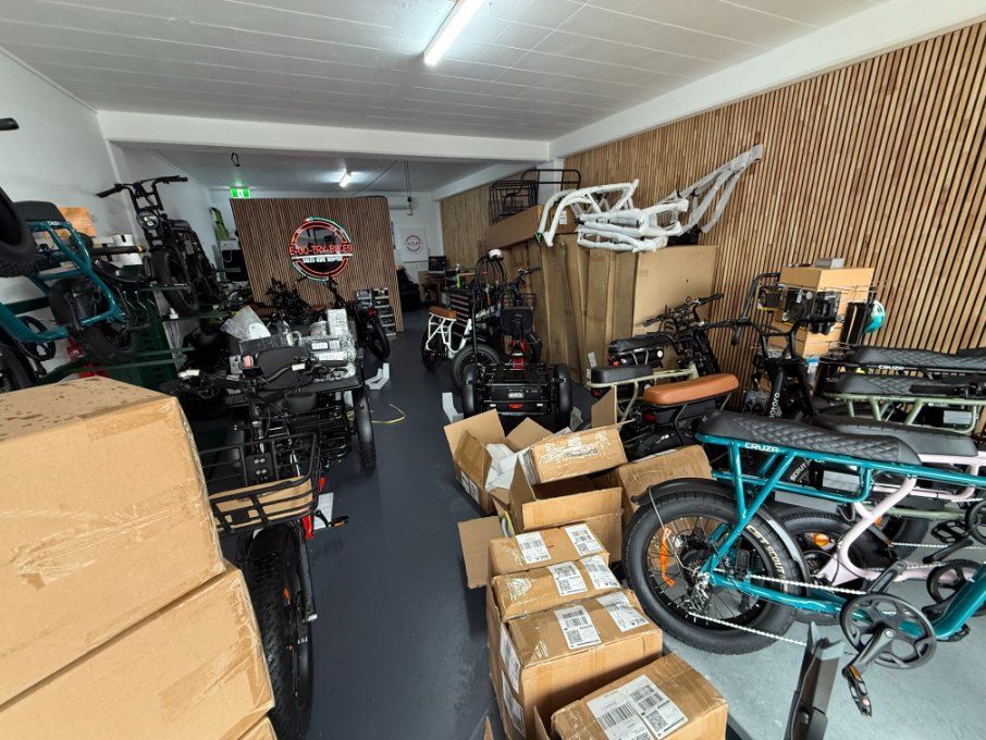 E-Bike Shop Interior With Bikes, Boxes, and Parts — E-Go-Try-Bikes in Nelson Bay, NSW