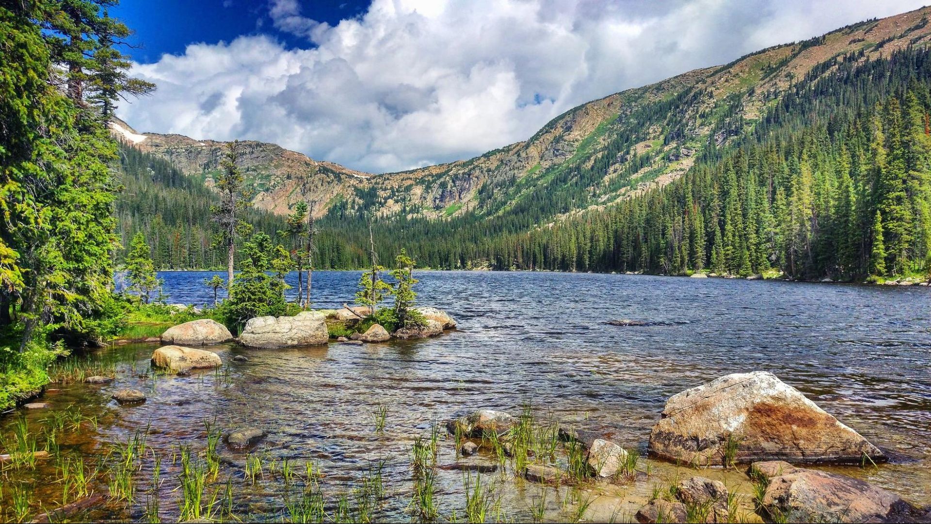 A lake in the middle of a forest with mountains in the background.