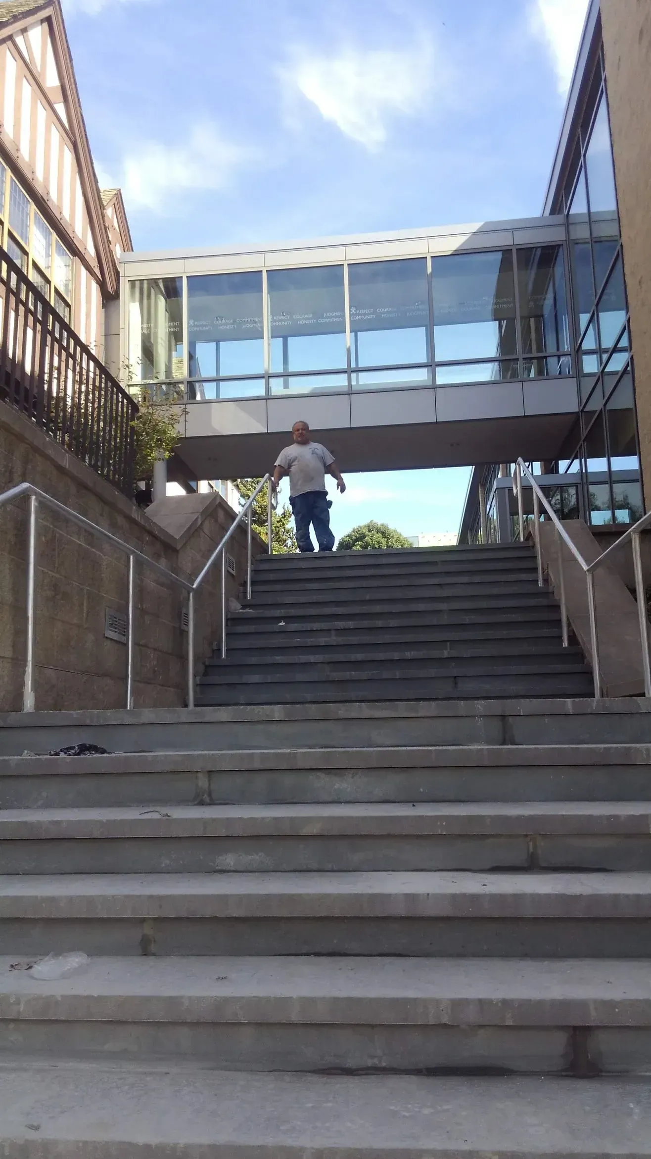 A person is walking up a set of stairs under a bridge.