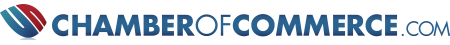 Chamber of Commerce logo with red and blue abstract icon and blue text