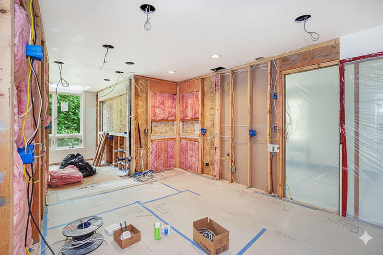 Interior room under construction, exposed studs, wiring, insulation. Blue painter's tape on floor.