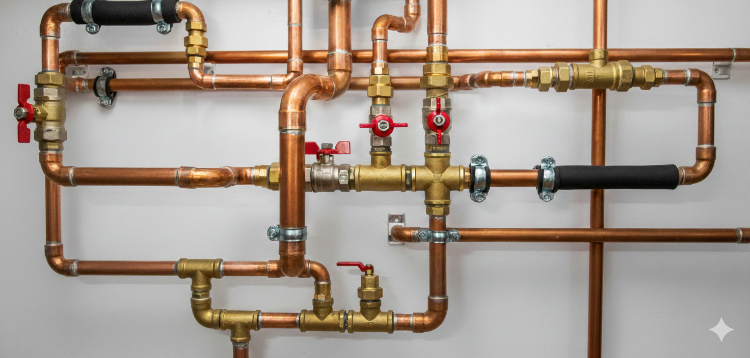 Copper pipes, valves, and fittings installed on a white wall.