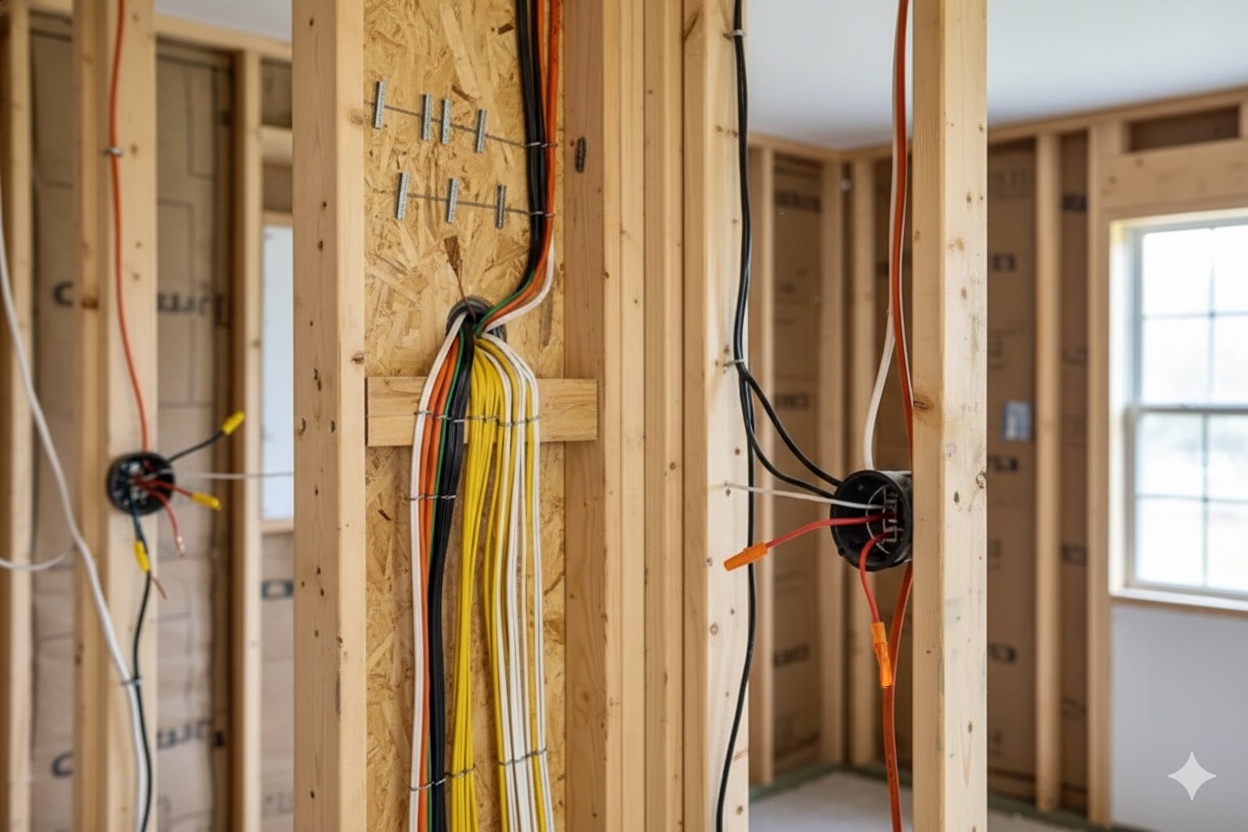 Electrical wiring in wooden framing of a building under construction, with conduit and junction boxes.