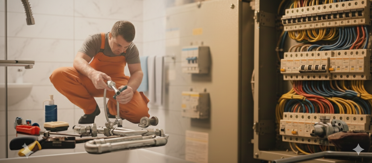A plumber working on a faucet in a bathroom, with an open electrical panel visible.