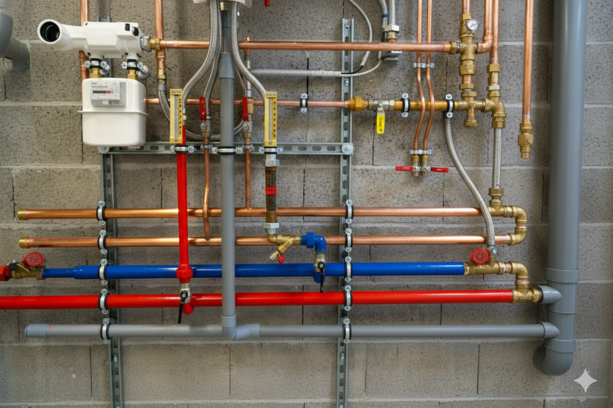 Complex network of copper and plastic pipes, valves, and gauges mounted on a concrete wall.