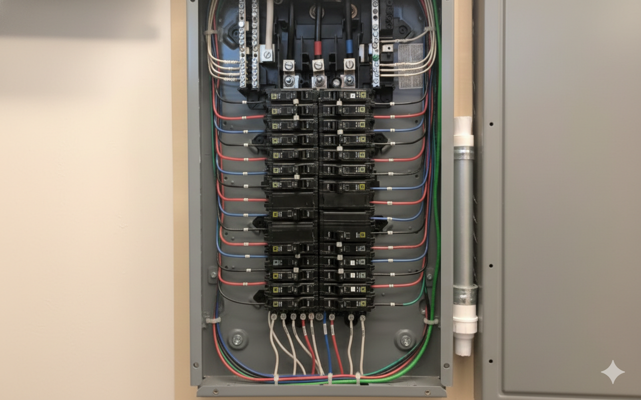 Open electrical panel with numerous circuit breakers and wiring.