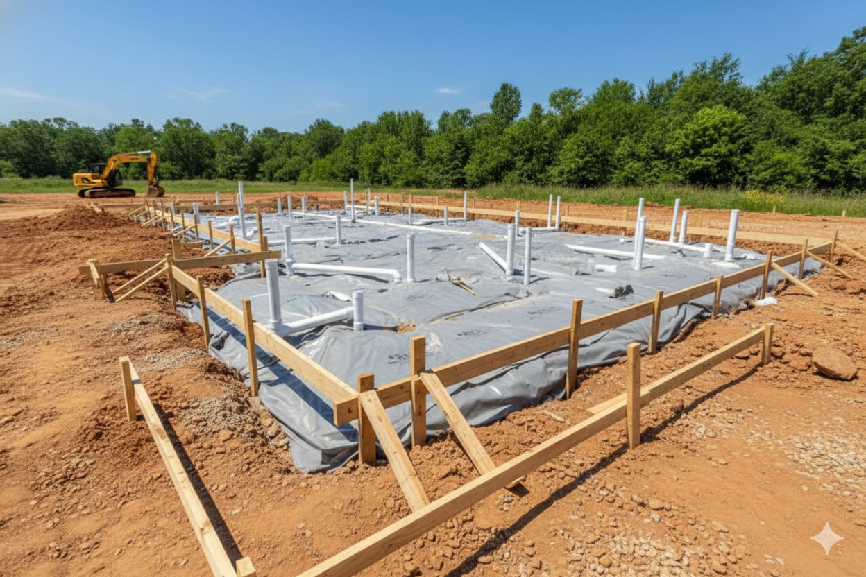 Construction site with wooden forms outlining a foundation, white pipes, and an excavator in the background.
