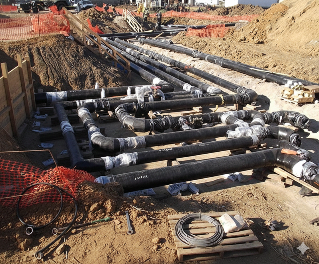 Pipes and fittings in a construction site trench. Black pipes are arranged in a complex pattern in the dirt.