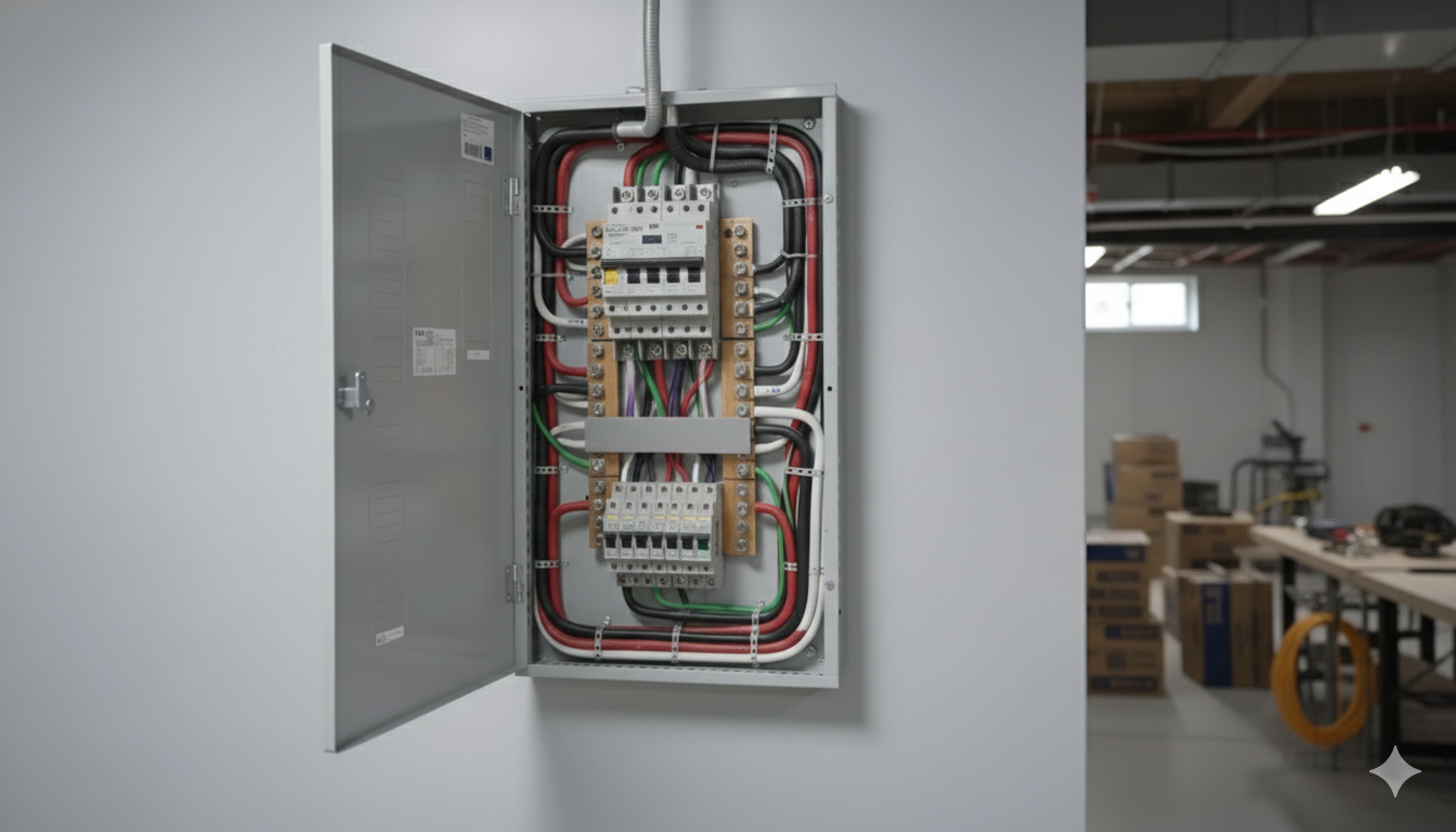 Open electrical panel on a white wall, showing wires and breakers. The setting is a bright basement.