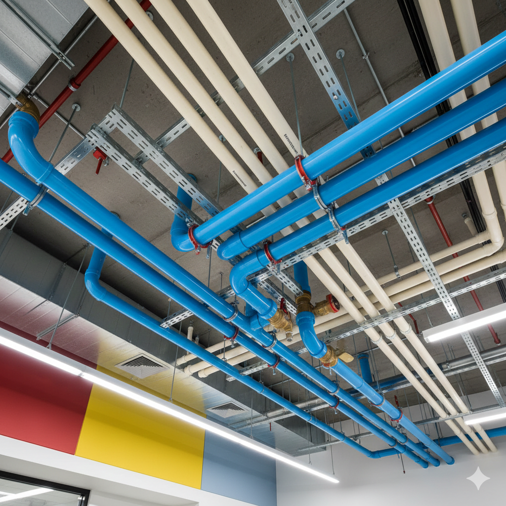 Blue and beige pipes crisscross a concrete ceiling with support brackets, in a modern interior with colorful wall sections.