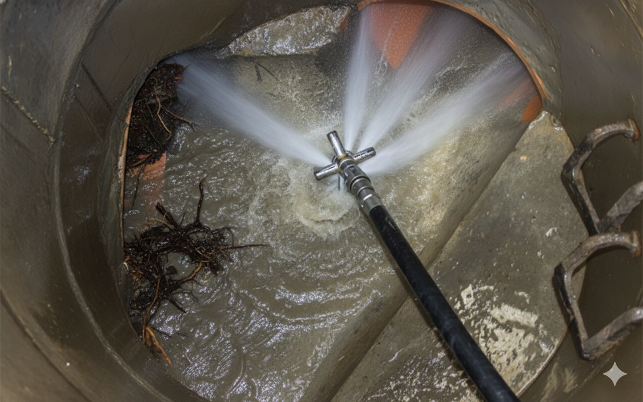 High-pressure water jet cleaning a sewer pipe. Water sprays outward, debris visible inside the pipe.