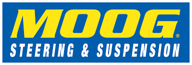 Logo for MOOG Steering & Suspension in yellow on a blue background.