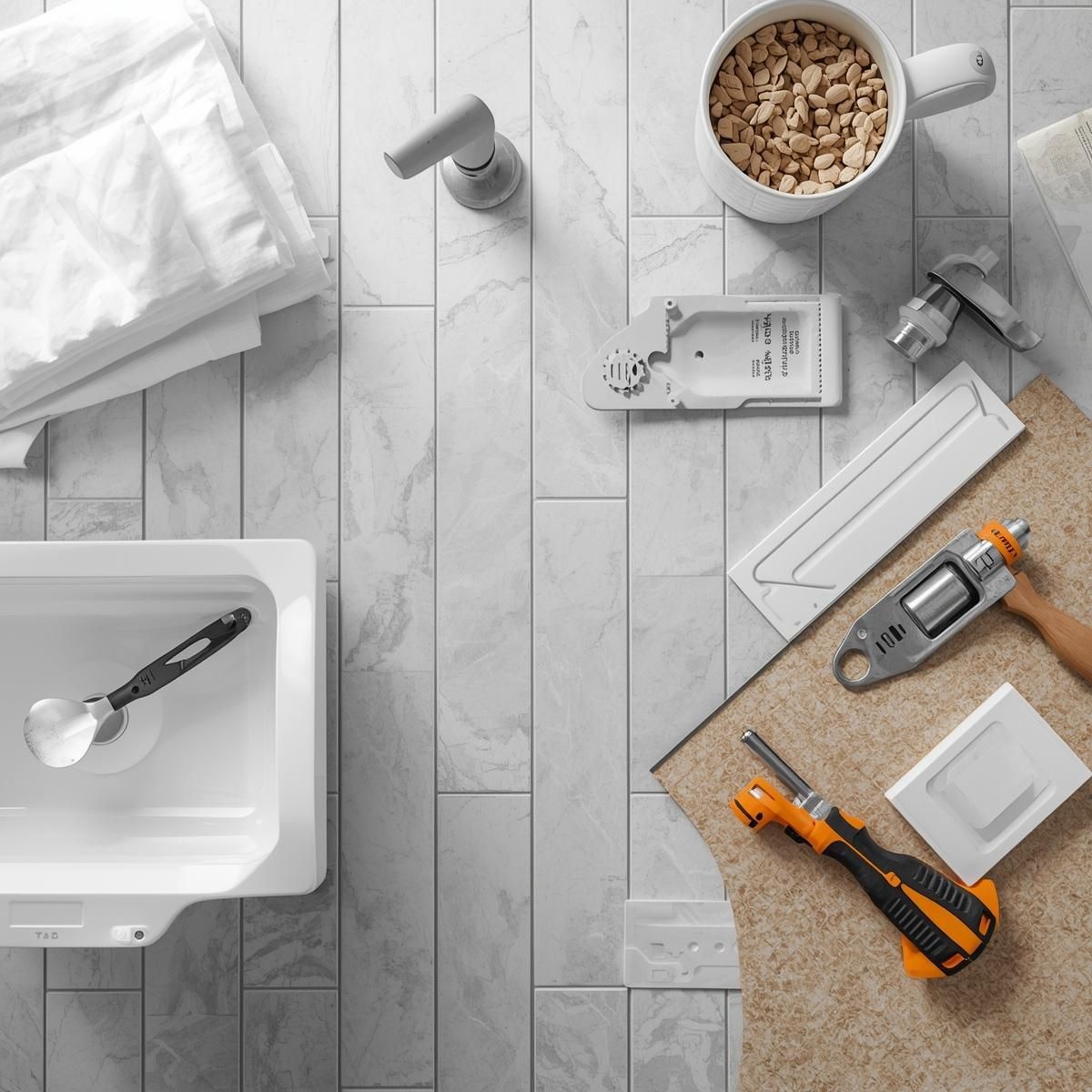 Bathroom setting with white tile, towels, toiletries, and tools.