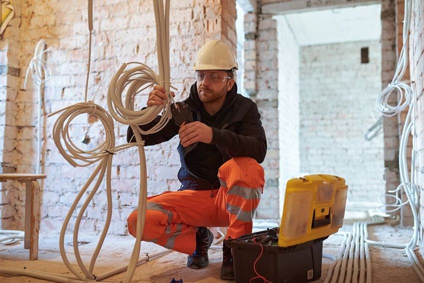Electrician in hard hat and orange workwear, wiring cables in an unfinished room.