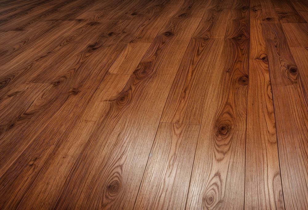 Close-up view of a brown hardwood floor with visible wood grain and knots.
