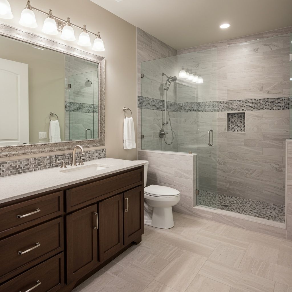 Bathroom with a brown vanity, glass shower, and gray tile.