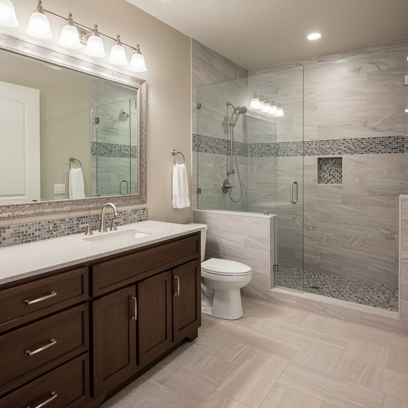 Bathroom with a brown vanity, glass shower, and gray tile.