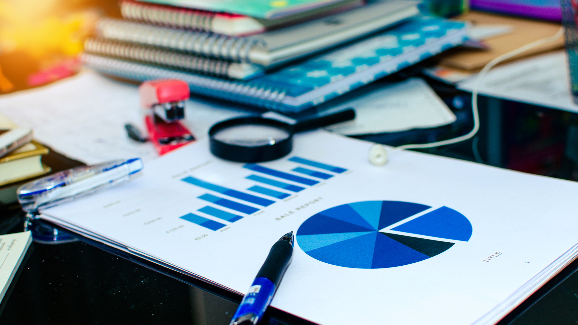 A pen is sitting on top of a piece of paper with a pie chart on it.