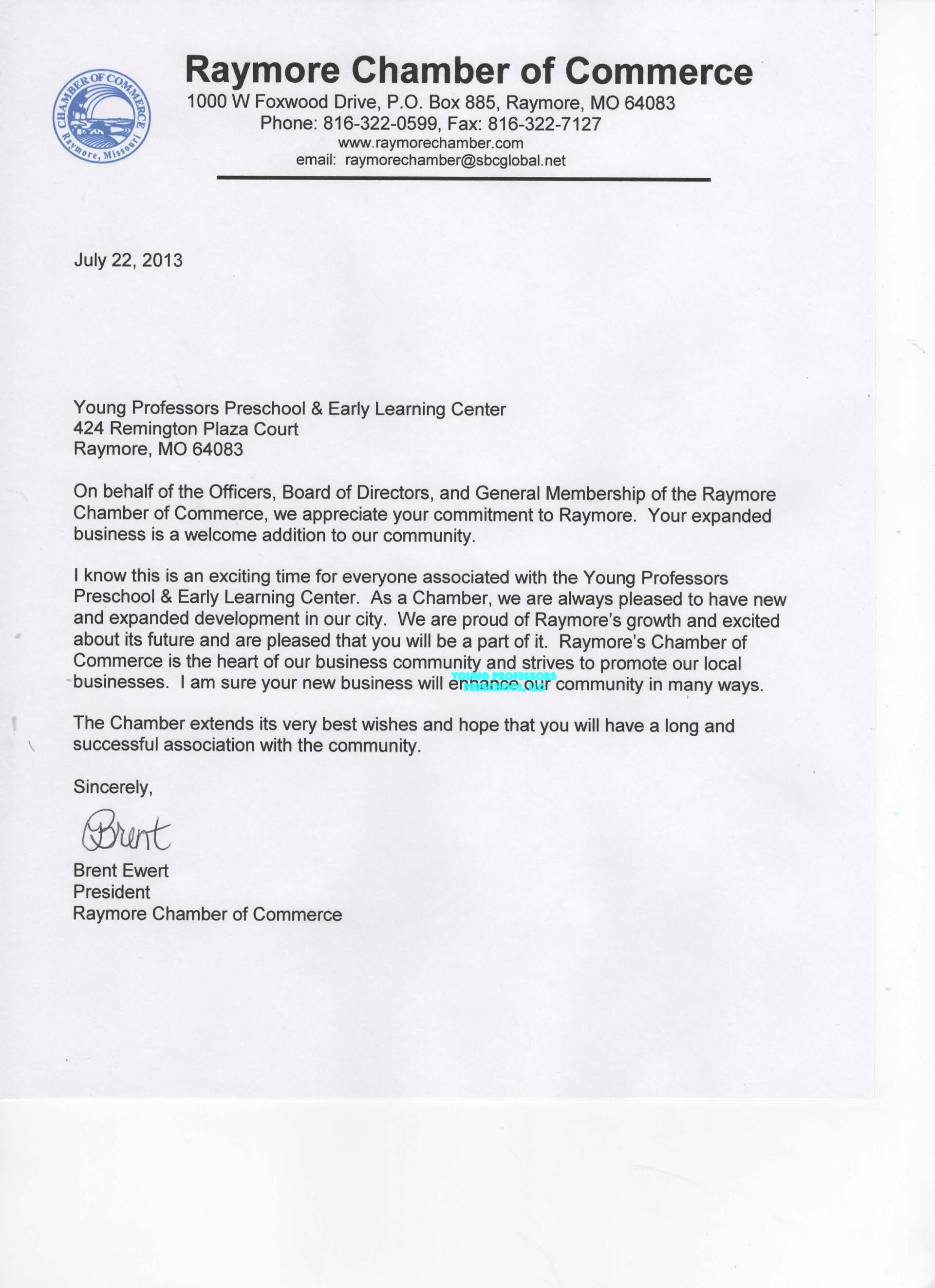 Raymore Chamber of Commerce Welcome Letter — Raymore, MO — Young Professors Daycare, LLC
