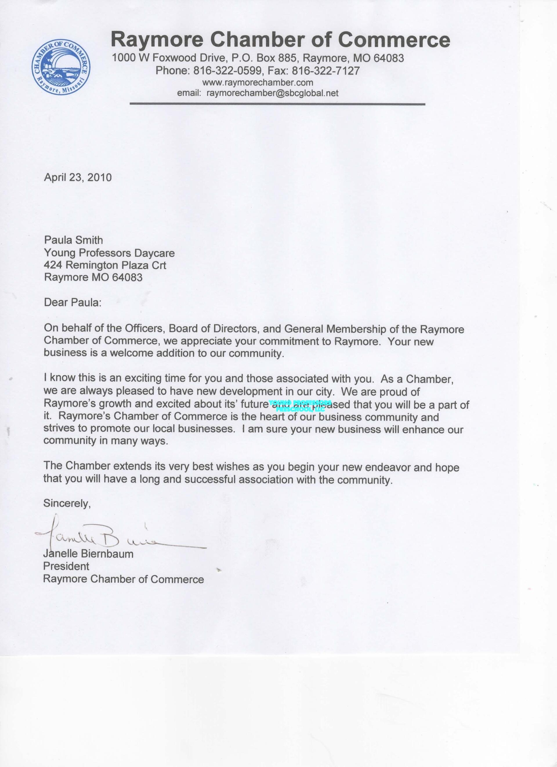 Chamber of Commerce Introduction Letter — Raymore, MO — Young Professors Daycare, LLC